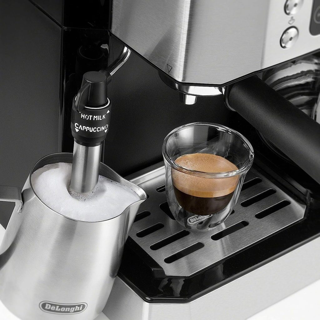 DeLonghi All-in-One Combination Coffee Maker  Espresso Machine + Advanced Adjustable Milk Frother for Cappuccino  Latte + Glass Coffee Pot 10-Cup, COM532M black