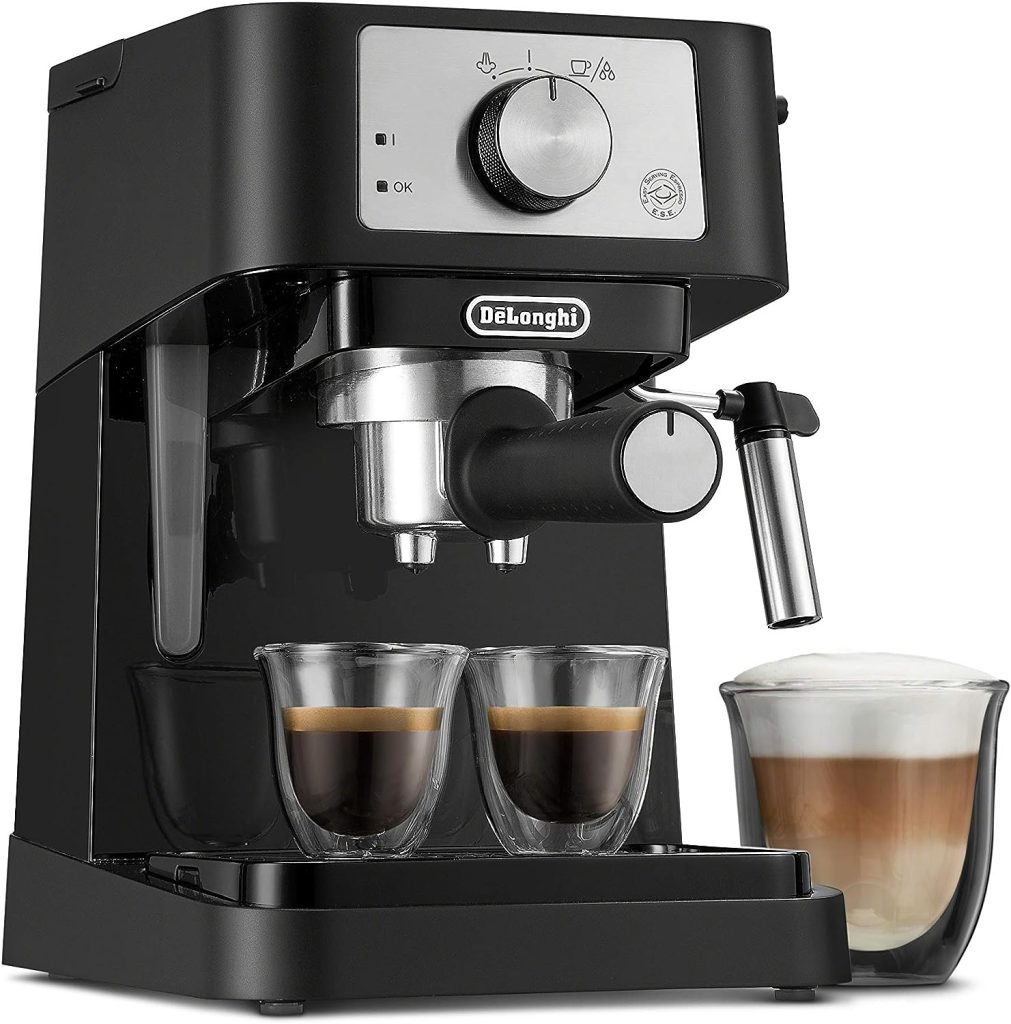 DeLonghi Stilosa Manual Espresso Machine, Latte  Cappuccino Maker, 15 Bar Pump Pressure + Milk Frother Steam Wand, Black / Stainless, EC260BK, 13.5 x 8.07 x 11.22 inches